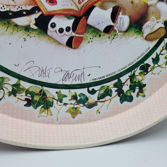 Enesco Tin Tray Barbi Sargent Pink 1983 Girl Mouse 11.5 Inch Round Poppy Seed - Picture 4 of 9